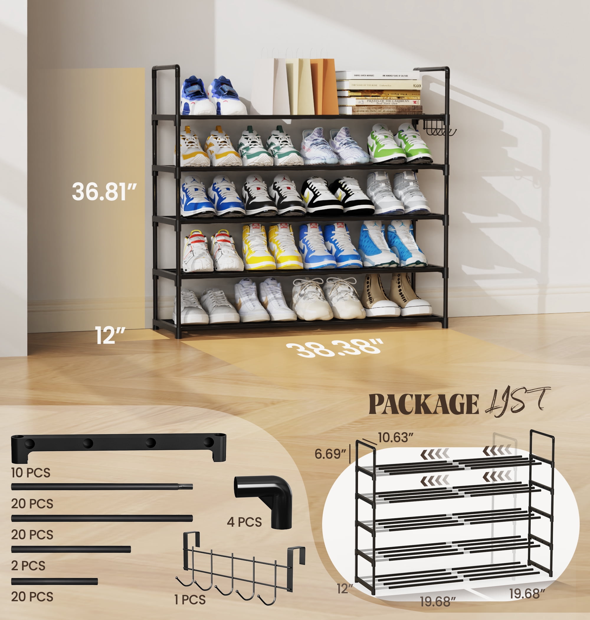 Riousery 5-Tiers Shoe Rack Shoe Storage Organizer for Entryway Closet, 35.5 Inch Length Stackable Shoe Shelf Hold up to 25-30 Pairs Shoes