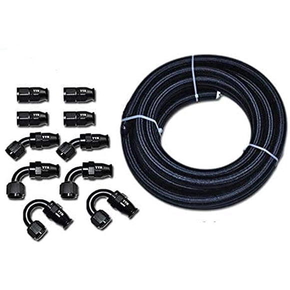 TT Racing -8 AN8 PTFE Black Swivel Fittings & Black Nylon Fuel Line Hose Kit E85 20FT NLPTFEAN8_KIT_DA_BLACK
