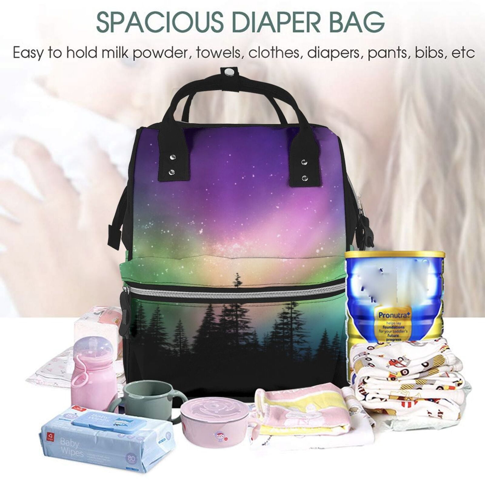 Ratiio Northern Lights Mummy Backpack - Waterproof Twill Canvas, Large Capacity Diaper Bag with Multiple Pockets and Adjustable Straps