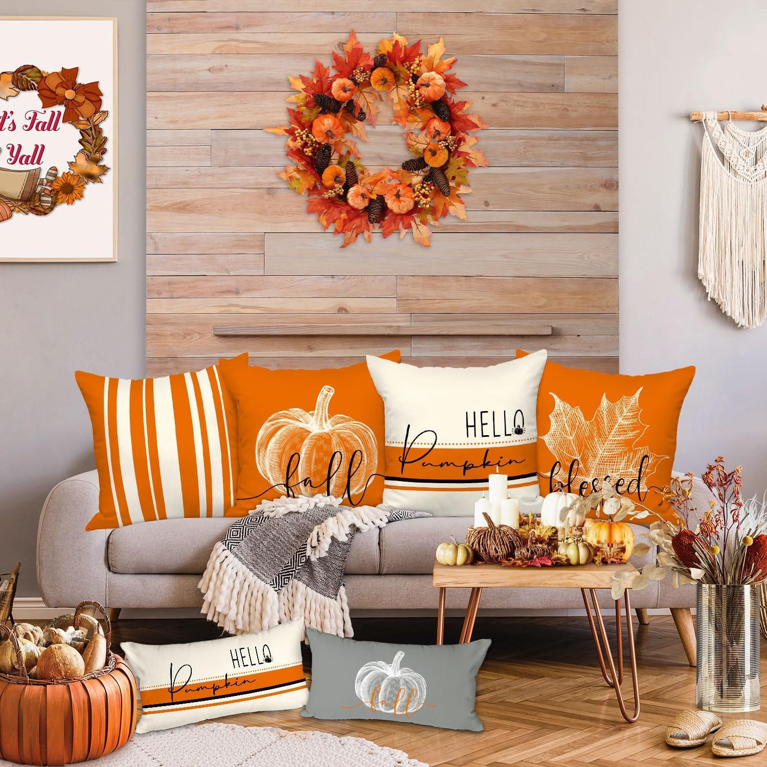 Benjia Fall Throw Pillow Covers Set Of 4 - 18x18 Inch Orange Pumpkin & Leaves Autumn Decor For Sofa Bed