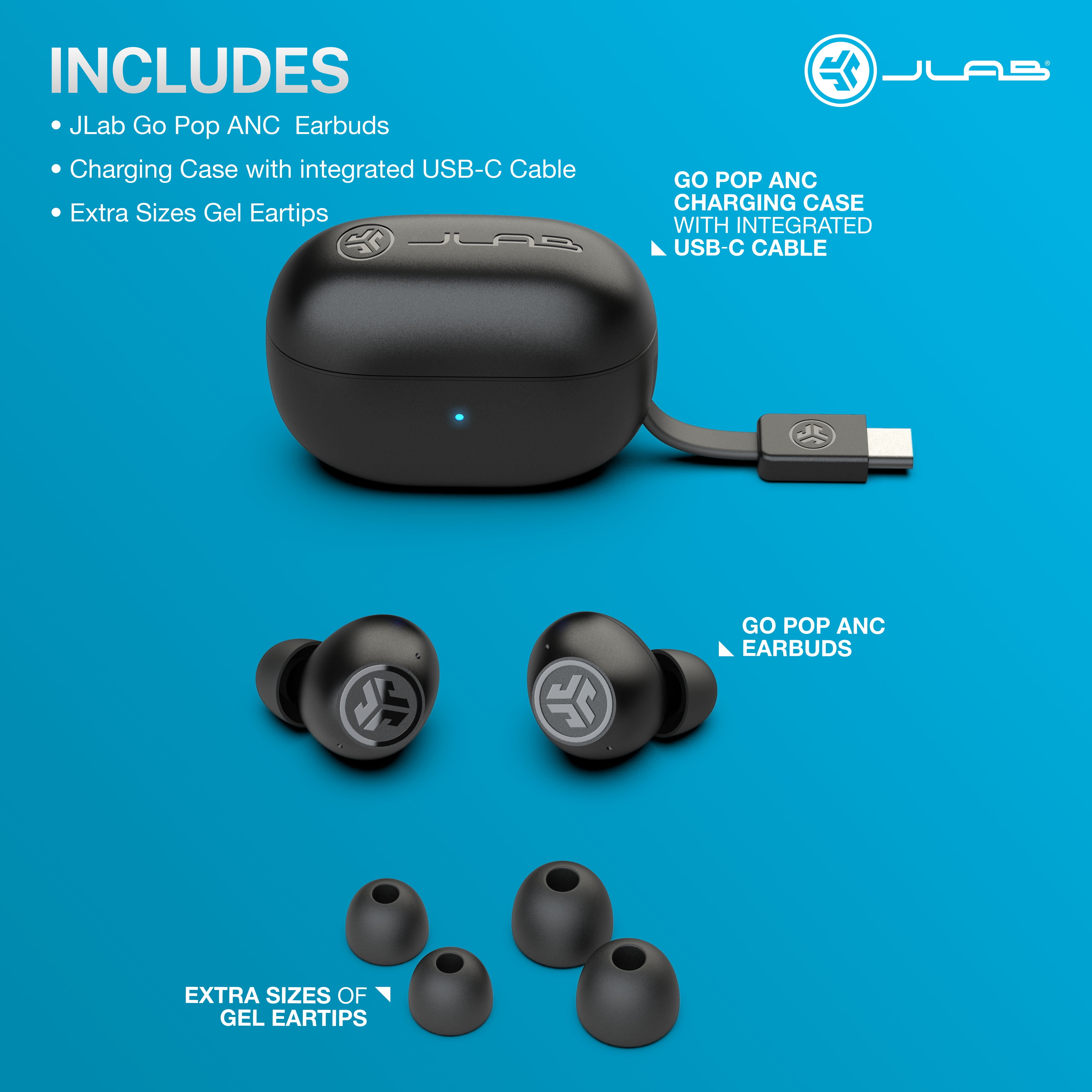 JLab GO Pop ANC Bluetooth Earbuds, Charging Case, Black,