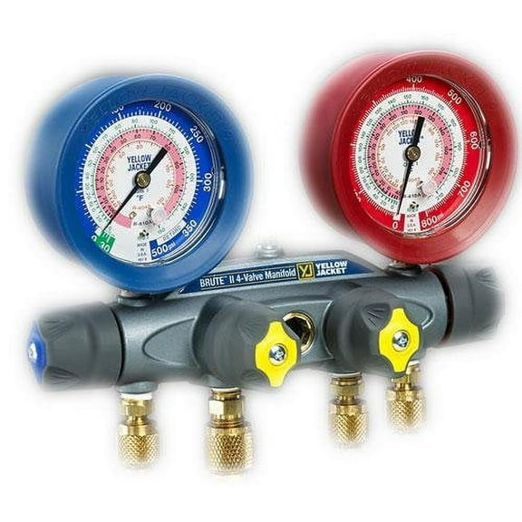 Yellow Jacket 46000 Brute II 4-Valve Manifold with Gauges, bar/psi, R-410A, Red/Blue