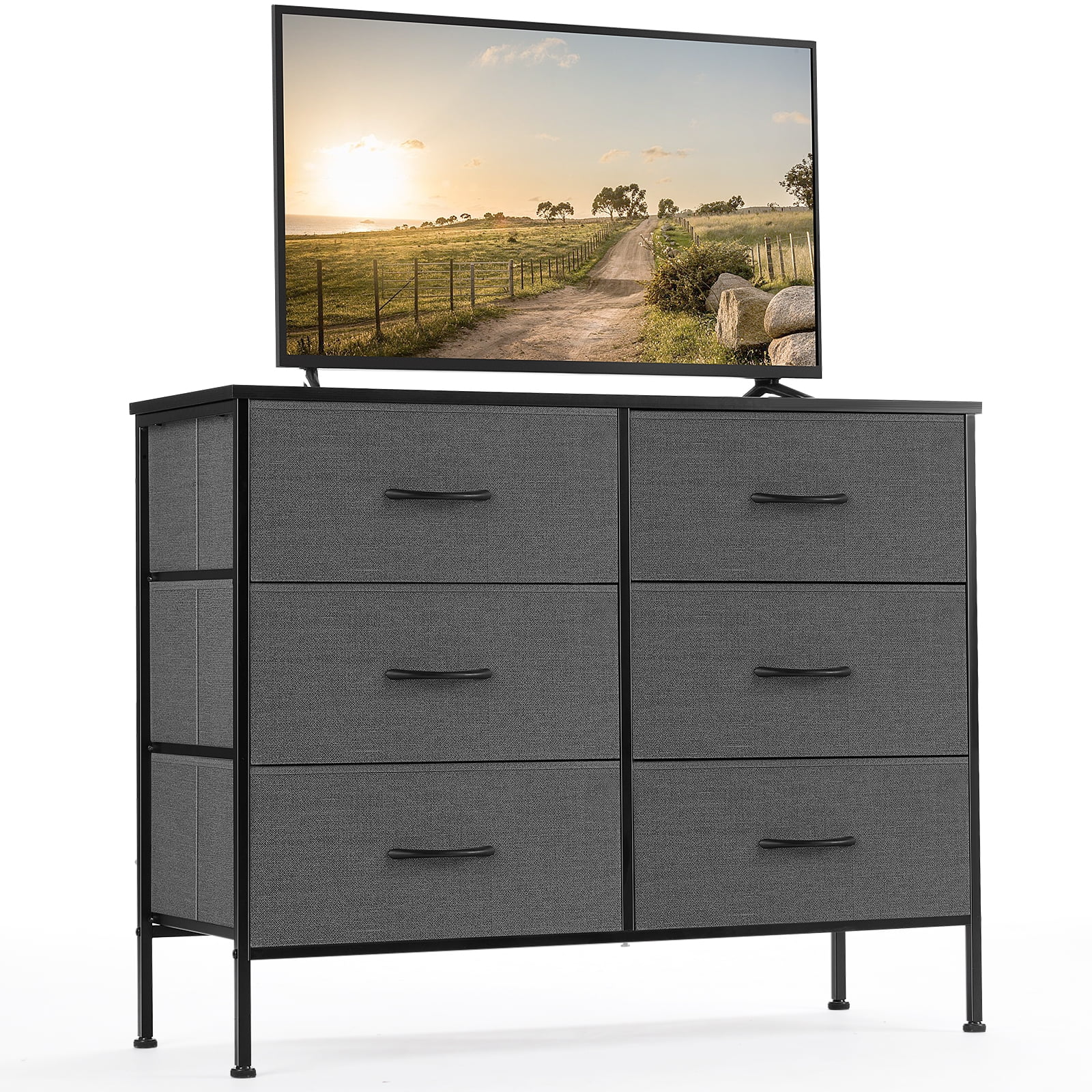 Aukfa 6 Drawer Dresser,Wide Chest of Drawers for Bedroom with Metal Frame for TV,Gray