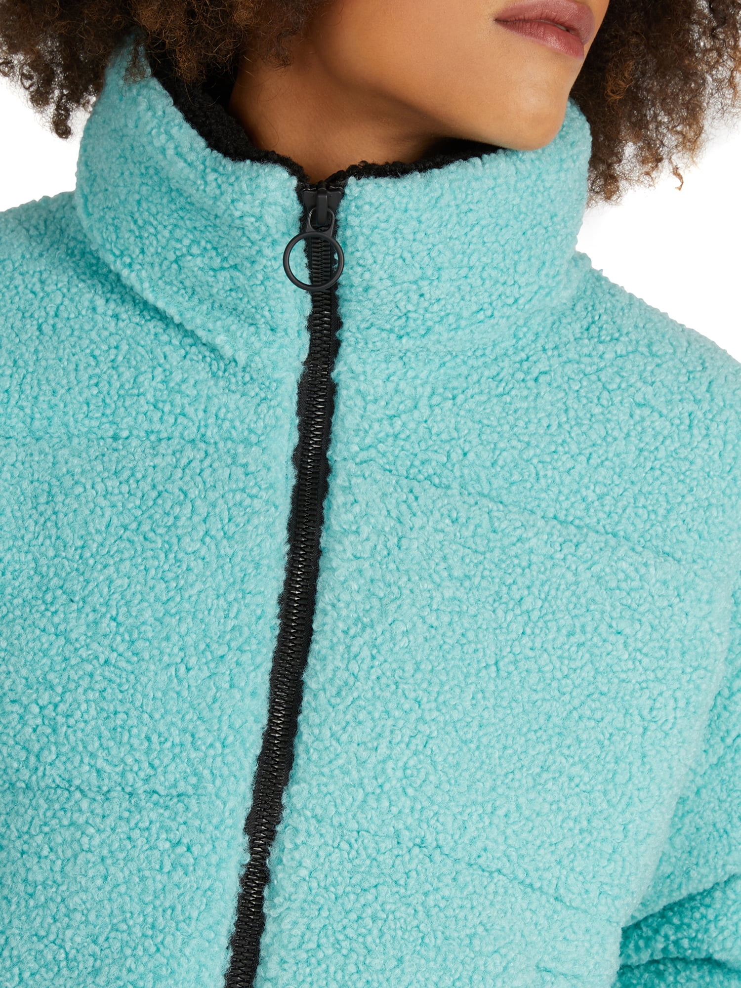 NVLT Cropped Berber Faux Down Puffer Jacket with Contrast Collar