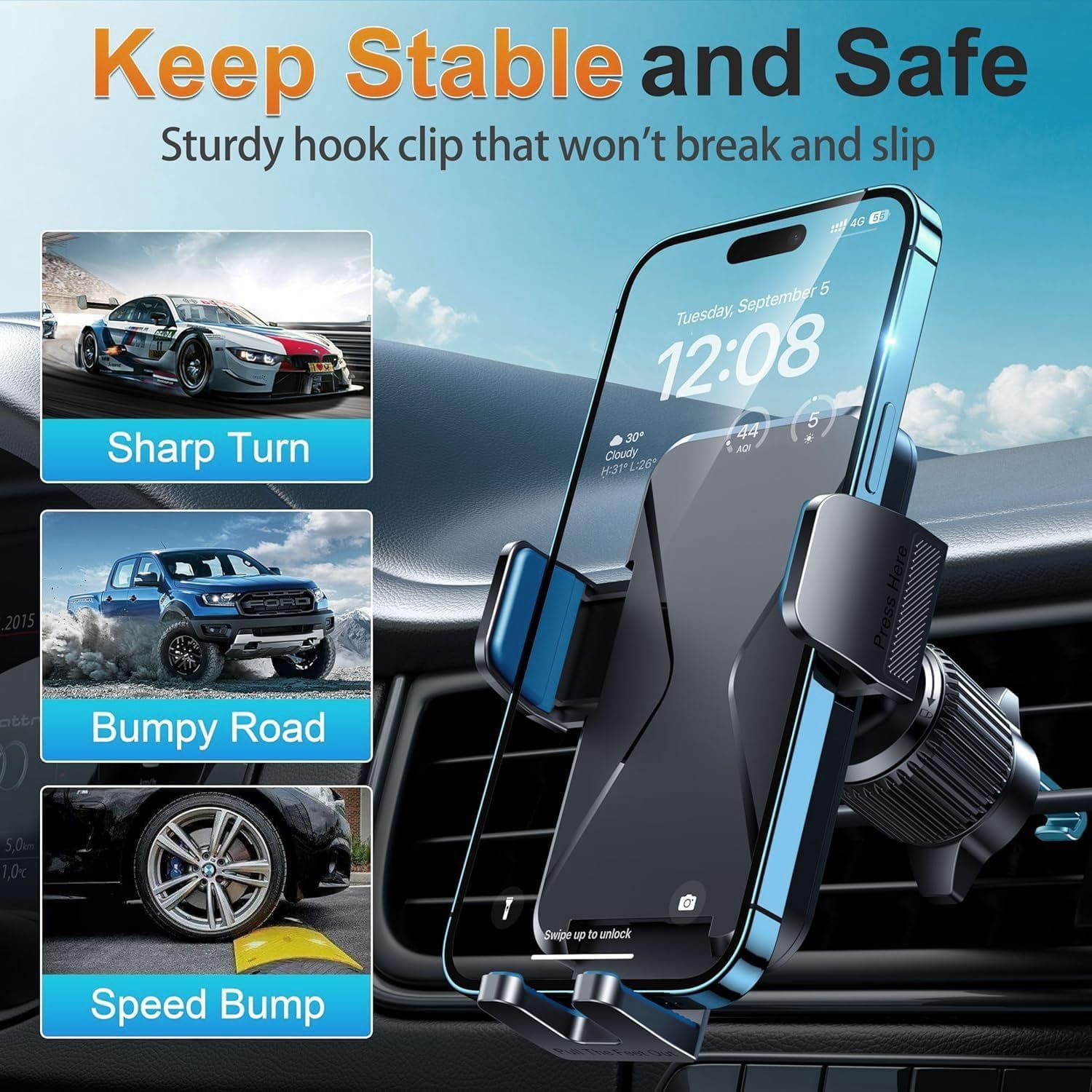 MKEUDQ-Car Phone Holder Vent [Thick Cases Friendly] Phone Mount for Car Air Vent 360° Rotate Hands Free Cell Phone Holder for Car Automobile Cradle for All iPhone Android Smartphone