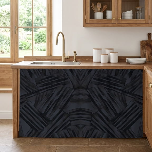 Abstract Overlapping Layers Cabinet Curtains for Kitchen 28"W x 51"L, Minimalist Slashes Black Under Sink Skirt Magic Tape Short Curtain Decorative Privacy Panel for Pantry Cabinet Opening