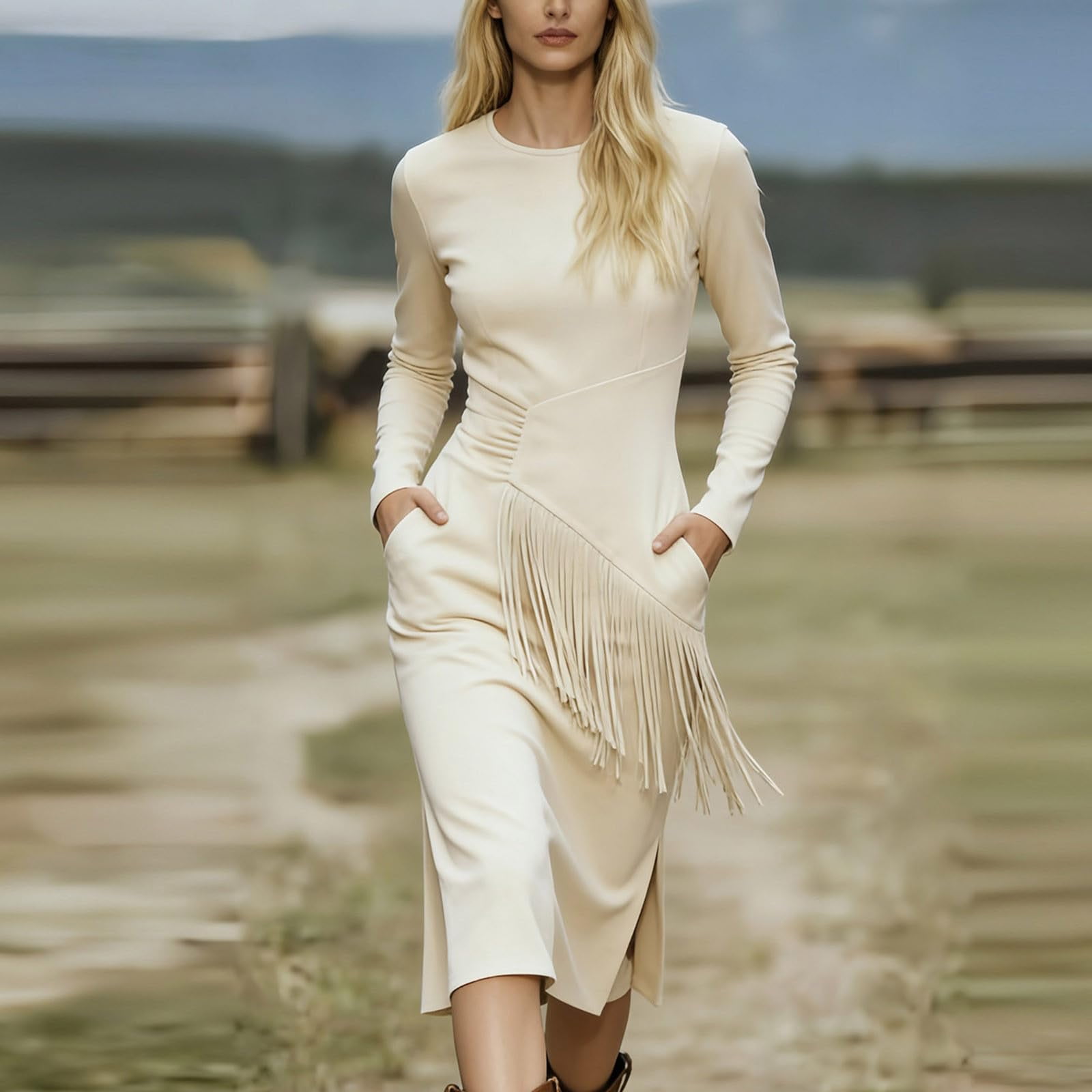 Womens Western Fringe Midi - Long Sleeve Faux Suede Boho Cowgirl Side Split Bodycon Dress with Asymmetrical Tassel Waist