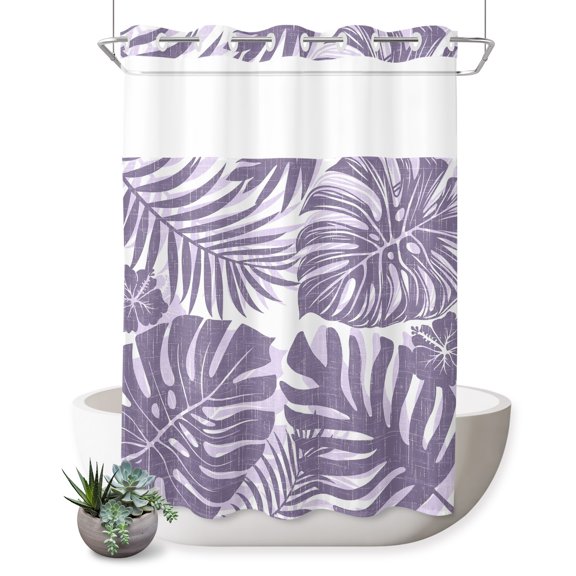 No Hook Shower Curtain, Purple Monstera Shower Curtains for Bathroom with See Through Top Window, Palm Tree Leaf Boho Botanical Tropical Waterproof & Washable Bath Curtain Extra Long 72"x84"