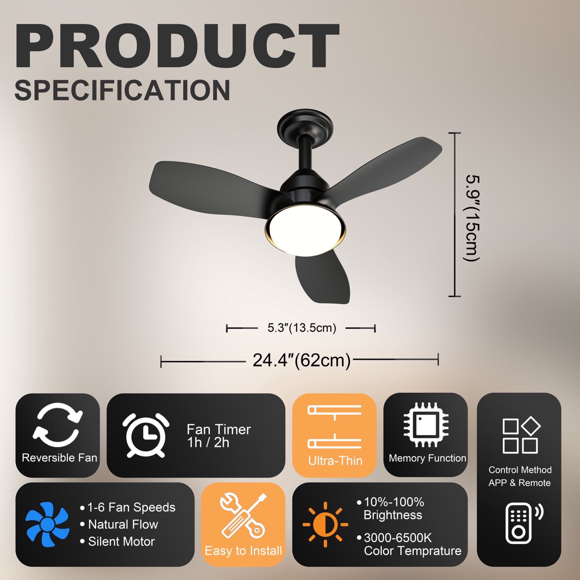 Leumius 24.4" Black Ceiling Fan with Light, 3 Blades, 6-Speed Reversible Quiet DC Motor, Dimmable LED, APP & Remote Control, Flush Mount for Bedroom Living Room Covered Patio
