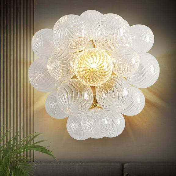 14" Vintage Bubble Glass Wall Sconce - Hand Blown Clear Ribbed Globe with Antique Brass Finish, Hardwired G9 Bulb Bathroom Light Fixture for Vanity, Hallway, Entryway, Bedroom