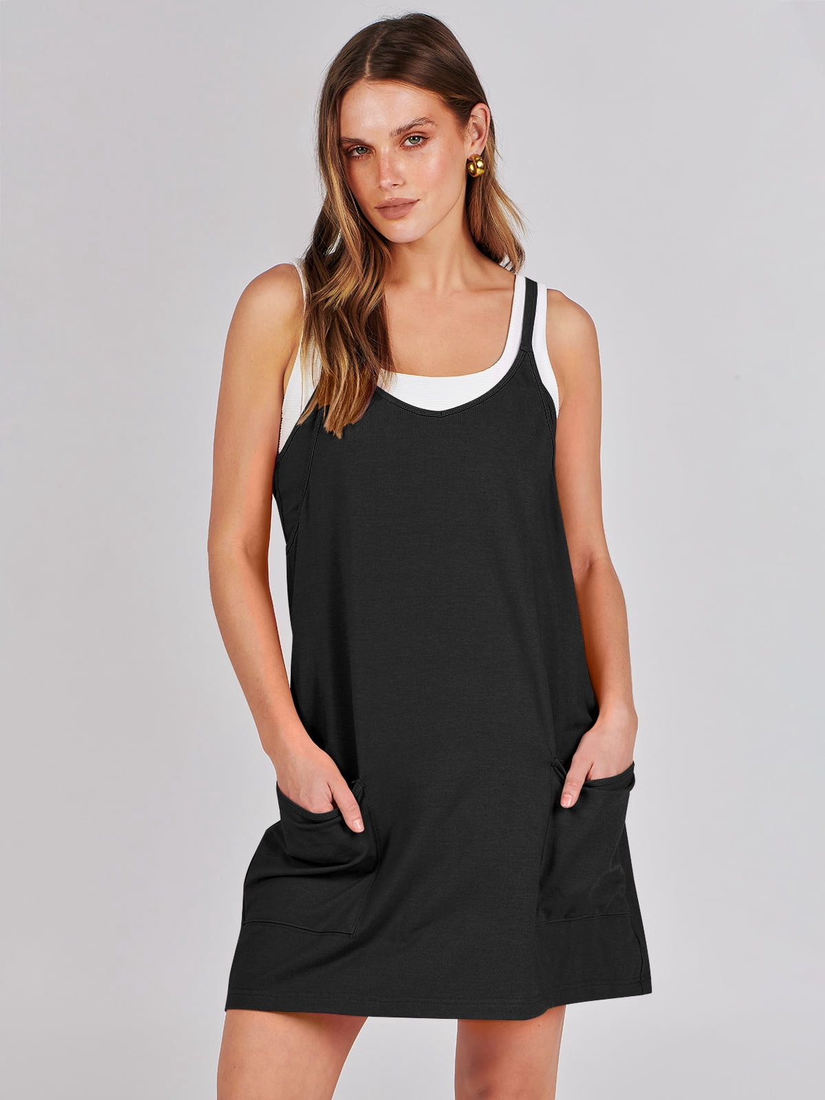 ANRABESS Athletic Dress for Women Tennis Dress with Shorts Summer Active Workout Romper Dress Sleeveless Spaghetti Strap Mini Dress Casual Sundress Vacation Outfits Black XS
