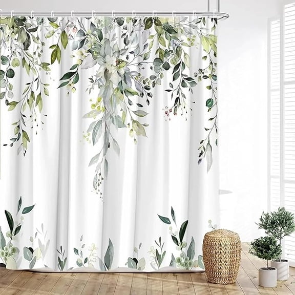 Green Eucalyptus Shower Curtain, Watercolor Plant Floral Eucalyptus Leaves Fabric Shower Curtains Spring Bathroom Decor Shower Curtain Bathroom Sets 36"W x 72"L