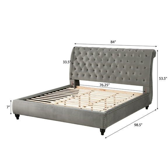 Roundhill Furniture Cerderia Velvet Upholstered Button Tufted Nailhead Trim Sleigh Bed, Gray King