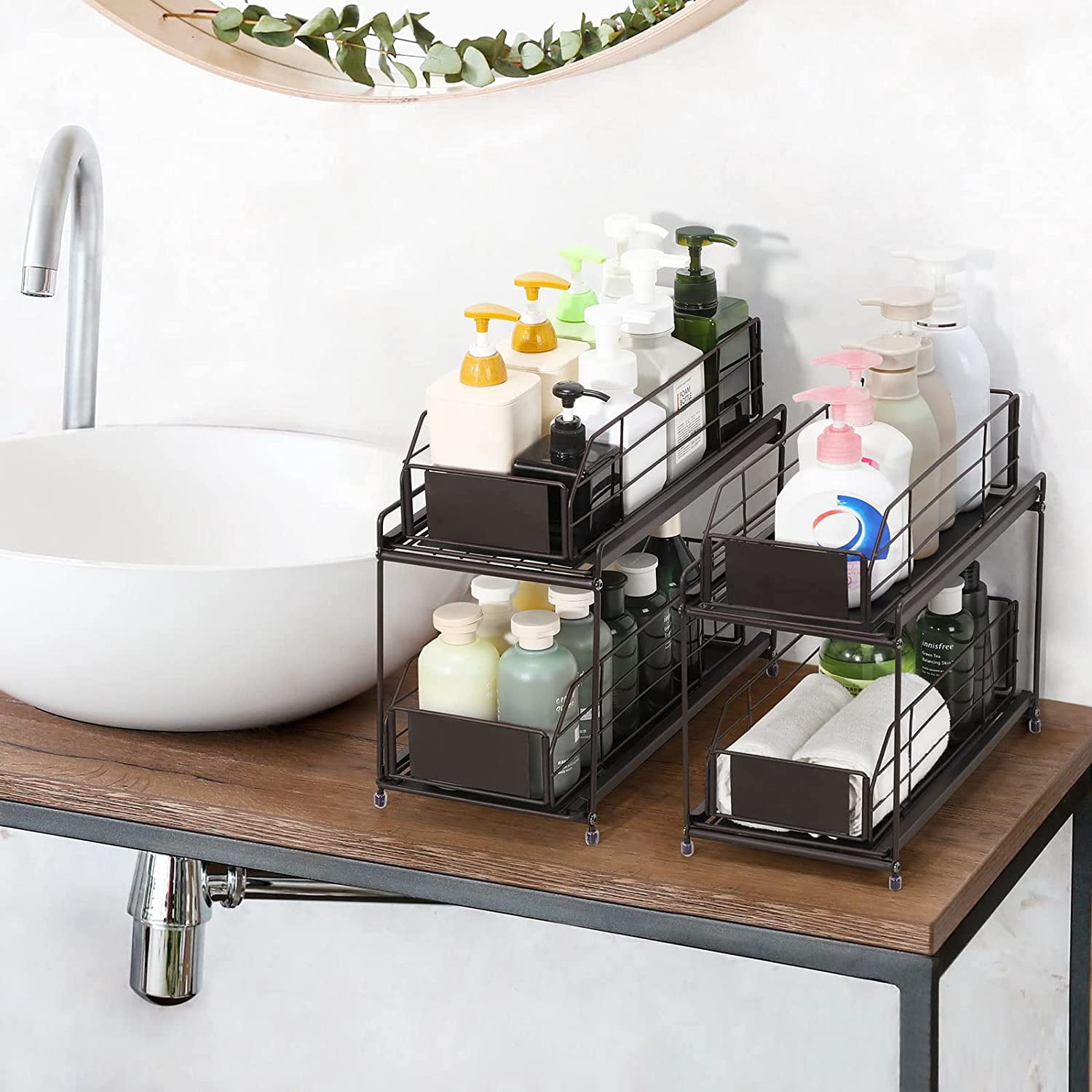 2-Tier Cabinet Storage Organizer Baskets with Sliding Drawer Set of 2, Brown
