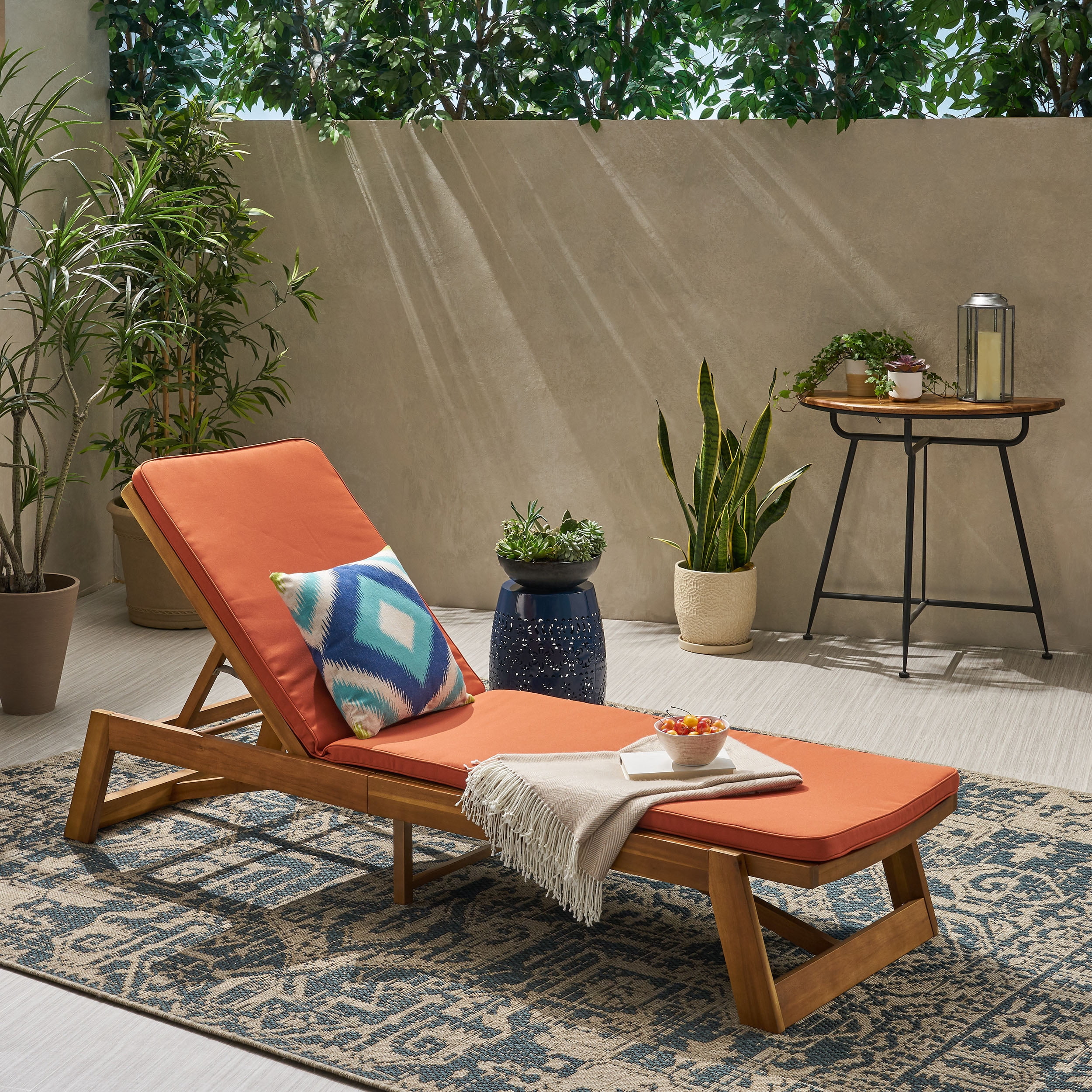 Cullen Outdoor Acacia Wood Chaise Lounge and Cushion Set, Teak and Rust Orange