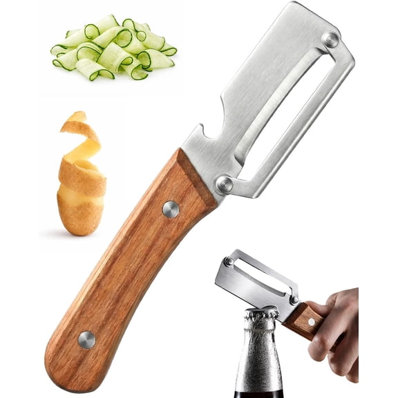 Multi-Functional Vegetable Peeler for Kitchen, Stainless Steel Sharp Blades Peeler with Wooden Handle and Bottle Opener Kitchen Tool for Fruit Veggie