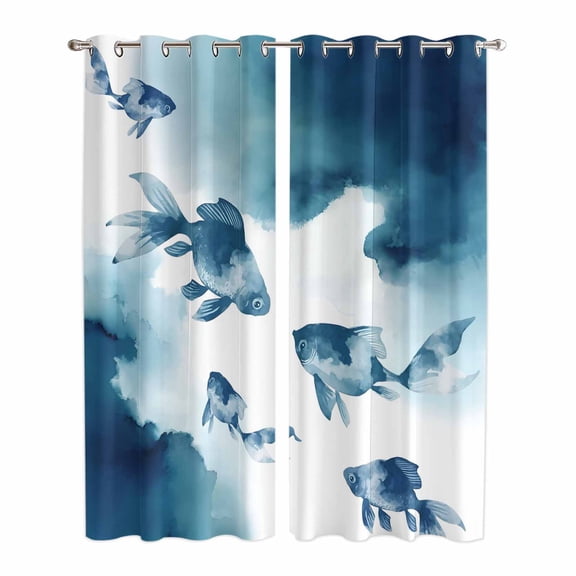 Navy Blue Fish Kitchen Curtains Window Panels, Nautical Coastal Summer Ocean Modern Art Insulated Window Treatment Curtain, Grommet Curtains for Bedroom/Living Room/Bathroom, 2 Piece 42"Wx84"L