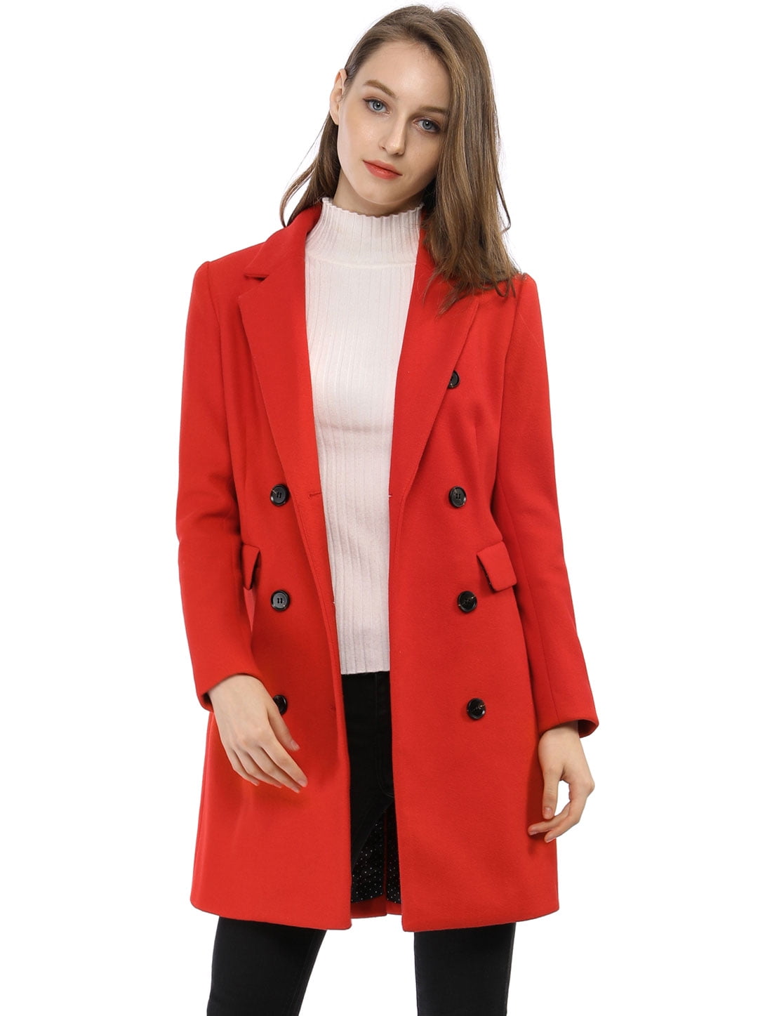 Women Notched Lapel Double Breasted Trench Coat Red-1 XL | Walmart Canada