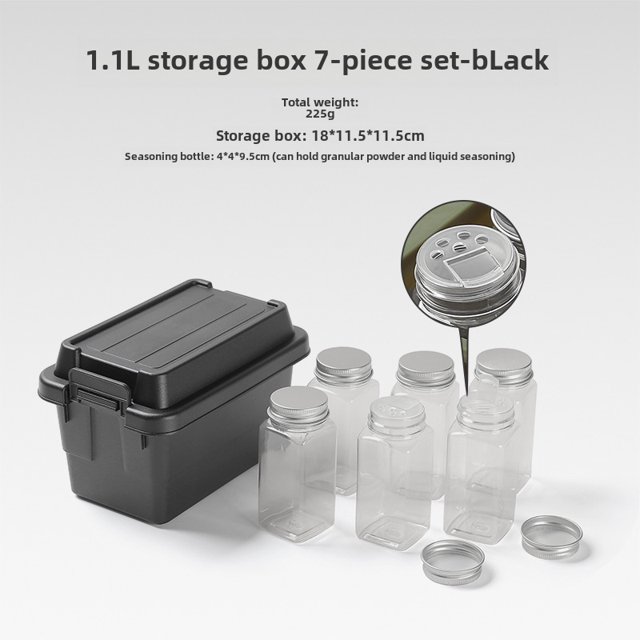 7-Piece 1.1L Black Portable Storage Containers Set: Compact, Durable Organizers for Camping, BBQ Tools, Condiment Bottles & Small Items – Removable Lid, Easy Clean, Indoor/Outdoor Use