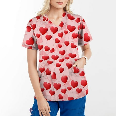 

Funicet Summer Savings Clearance! Women s Working Uniform Nursing Uniform With Two Pockets Scrubs Top Womens Top Floral Printed Gradient Rainbow Short Sleeve V-neck Tee