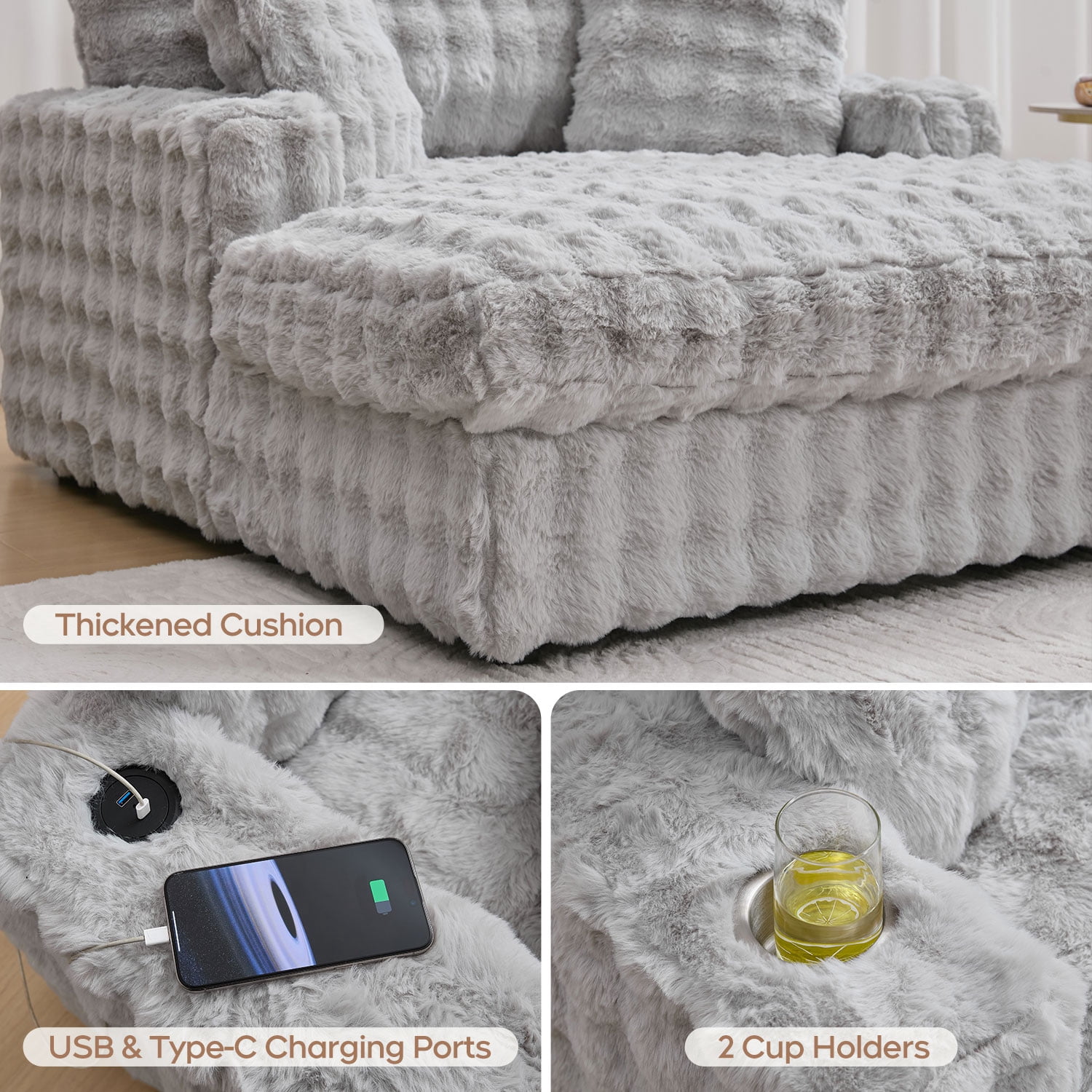 Faux Fur Upholstered Plush Fabric and Wood Frame Sleeper Sofa with Chaise, Gray