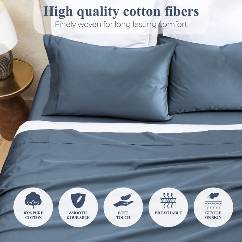 Superior Apus 100% Cotton 15" Deep Pocket Sheet Set, Queen, Denim Blue