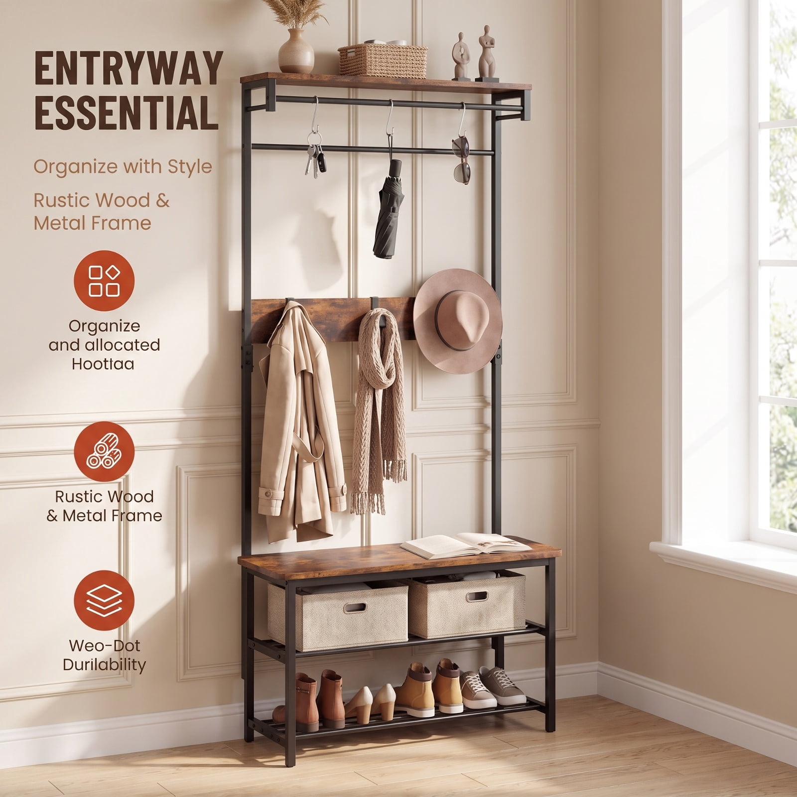 Furnibear 4 in 1 Hall Tree Coat Rack with Shoe Bench and Removable Hooks and Hanging Rod for Entryway and Bedroom, Rustic Brown