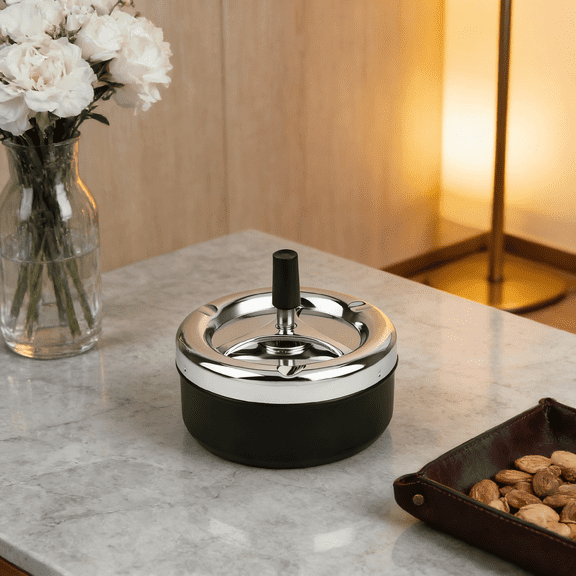 Spinning Tray Round Metal Push Down Ashtray - Large 5.2 Inch for Indoor & Outdoor Use