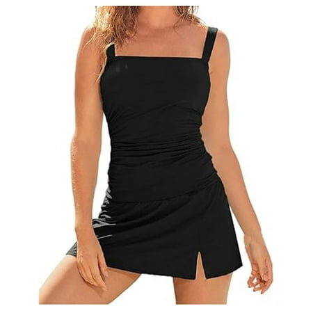 Rigardu Womens Two Piece Tankini Bathing Suits with Skirt Tummy Control Swimsuits Ladies Swimwear Swimdresses for Women Vintage Two Pie Ce Tankini Swimsuits Up Swimwear Bathing Suits Black S