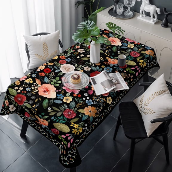 Watercolor Flowers Table Cloth Waterproof Tablecloths, Farmhouse Floral Vintage Black Tablecloth Dining Table Cover for Kitchen Party Tabletop Outdoor, Rectangle Tablecloth 54x108 Inch
