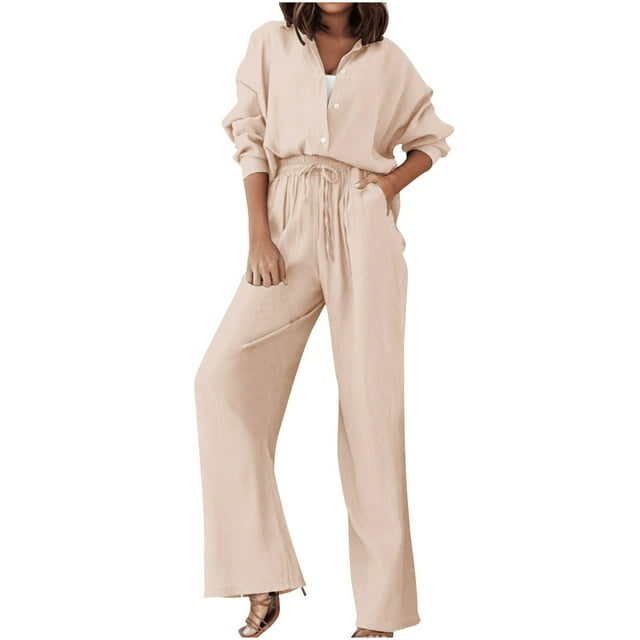 Fgnfyis Women's Two Piece Outfits Set Long Si Button Down Shirt Blouse Top Drawstring Wide Leg Pants Solid Color Tracksuit Matching Sets Women Clothing Trousers Sets Beige XXL