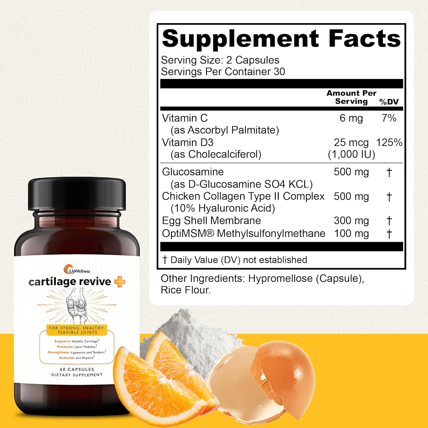 UpWellness Cartilage Revive + Joint Support Supplement for Men and Women with Type II Collagen for Joints - D-Glucosamine Sulfate & MSM - 60 Capsules