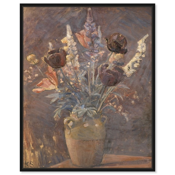Clay Vase With Tulips And Other Flowers Canvas Wall Art by Art Remedy, Black Floater Frame, 16"x20"