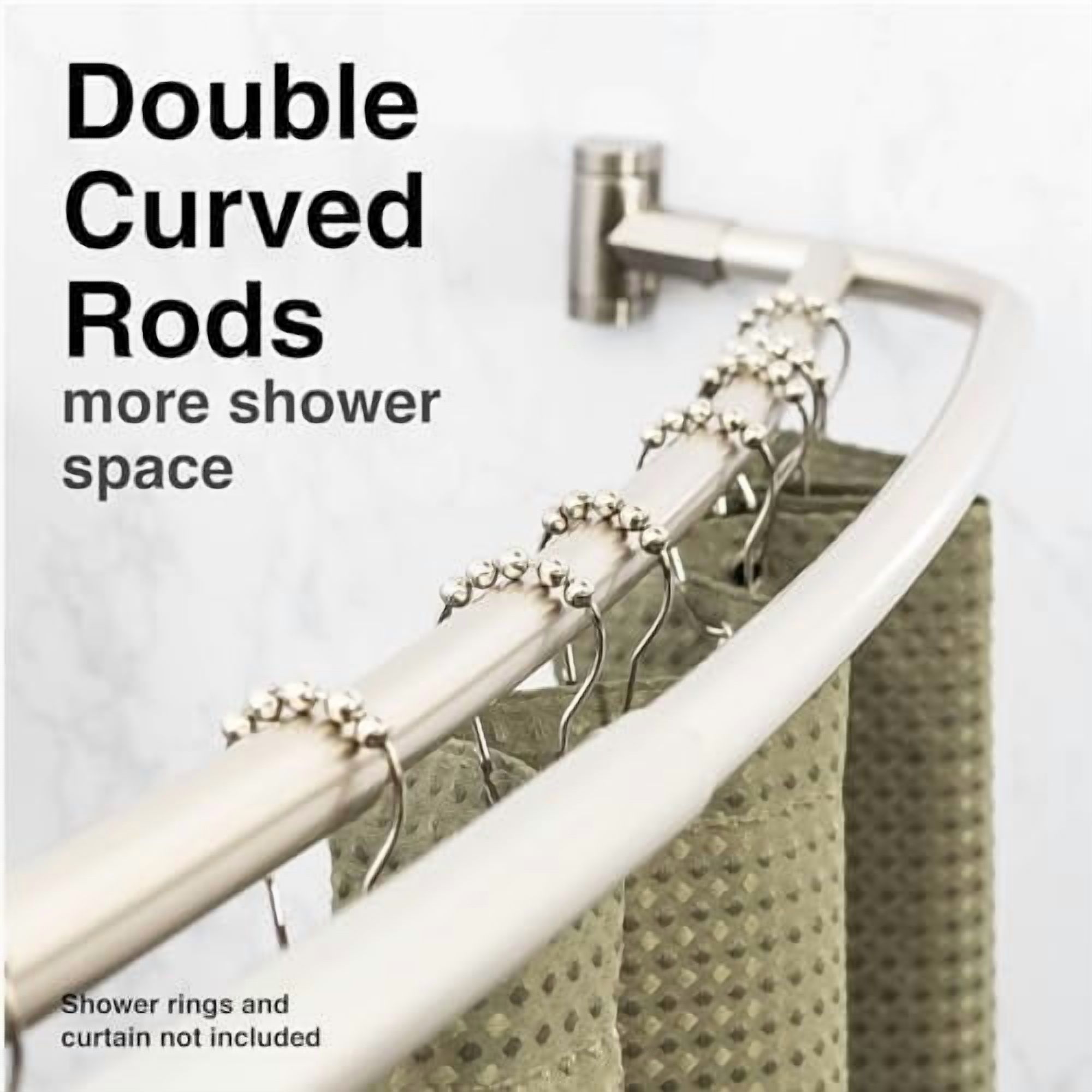 Double Curved Shower Rod, Metal Construction, Adjustable Between 44 to 70 Inches, Aluminum Rods and Zinc Mounting Hardware, Quality Modern Bathware, Brushed Nickel Finish