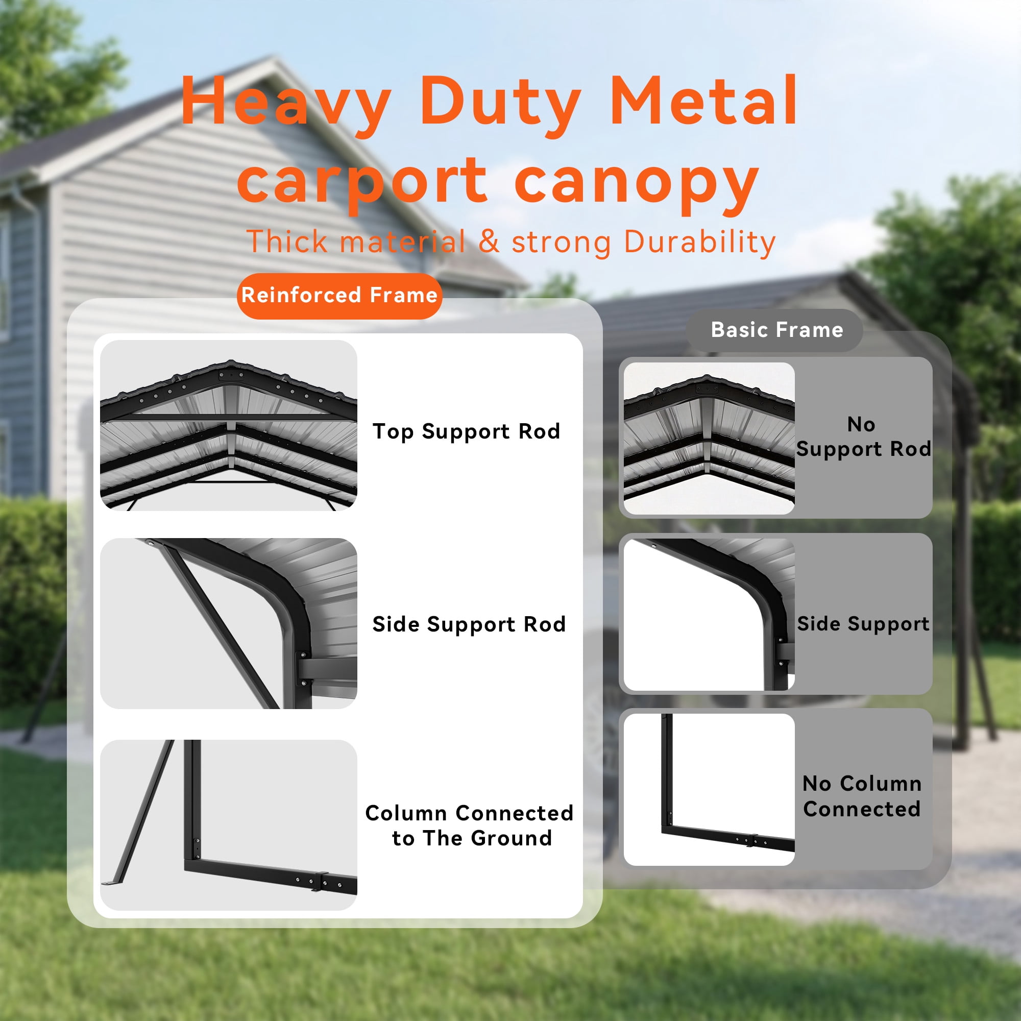 ALAULM 10x15FT Metal Carport w/Galvanized Steel Roof， Heavy Duty Car Port with Reinforced Support Rods & Windproof Anchors, All-Weather Outdoor Garage for Car, Truck, RV, Boat, Tractor