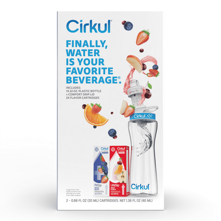 Cirkull 22 oz Plastic Water Bottle Starter Kit with Blue Lid and 2 Flavor  Cartridges (Fruit Punch & Mixed Berry)