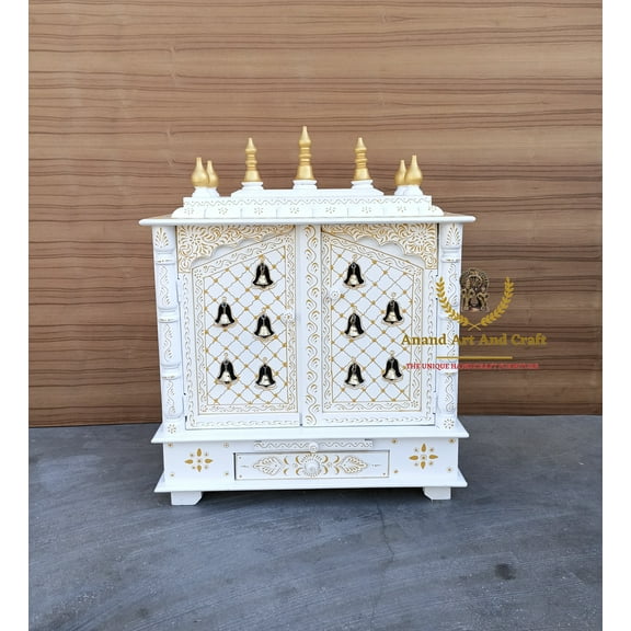 Wooden Temple Pooja Mandir Exquisite Handcrafted – White Elegant Home Temple with Door Bells, Elegant Pooja Ghar for Home Worship & Décor