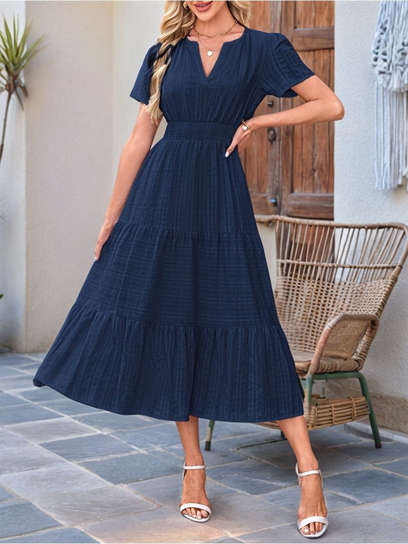 grey midi dress wedding guest Ever-Pretty Plus Size Ruffled V-Neck A-Line Midi Dress for Evening Formal