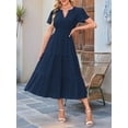 thumbnail image 2 of Womens Summer Casual Light-Weight Short Sleeve V Neck Elastic Waist Boho Beach Midi Dress Pockets Navy Blue S, 2 of 6