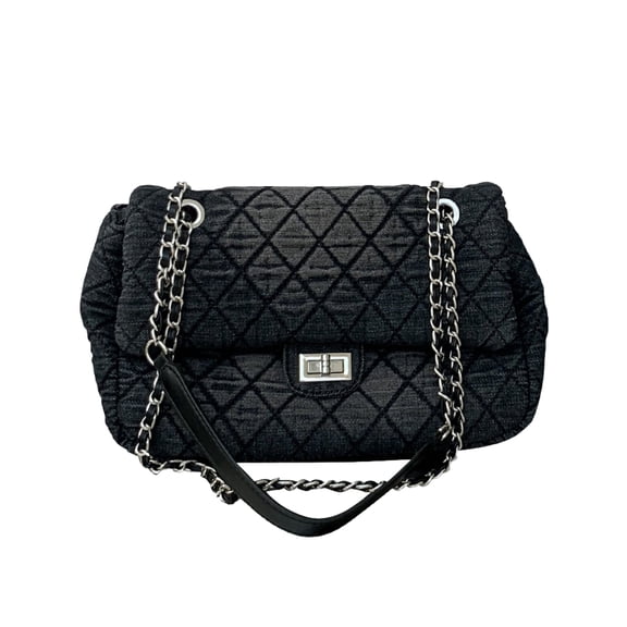 Women's Quilted Denim Hobo Bag with Chain Strap, Y2K Vintage Crossbody Purse, Black Jean Shoulder Tote with Turn-Lock Closure