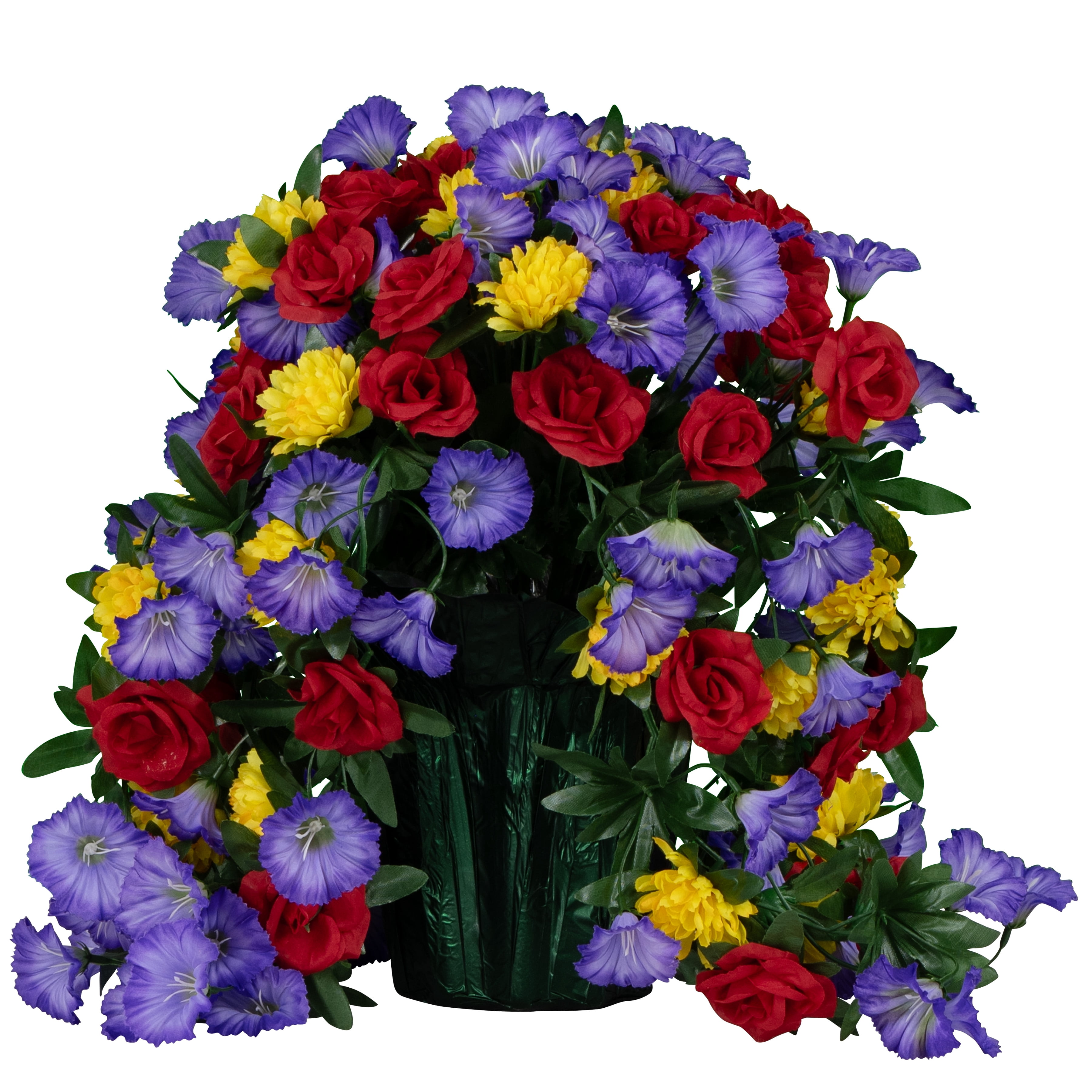 Sympathy Silks Artificial Flowers Outside Weighted Trailing Red Roses Purple Morning Glories and Yellow Mums Pot