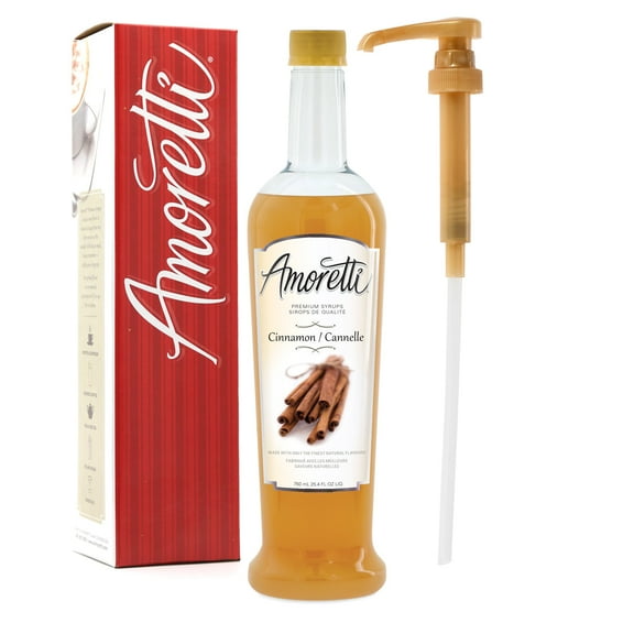Amoretti - Premium Cinnamon Syrup, 94 Servings Per Bottle (750 ml), with Pump for Flavoring Coffees, Cocktails, and other Beverages, Gluten Free, GMO/GEO Free, Preservative Free