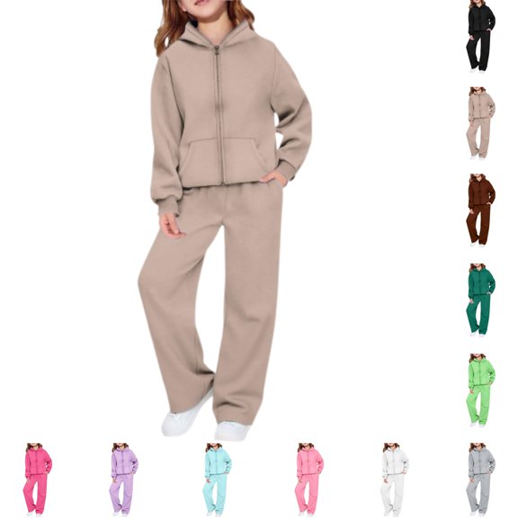 YOUYEDIAN Girls 2 Piece Sweatsuit Casual Athletic Hooded Zipper Jackets Elastic Waist Wide Leg Sweatpants