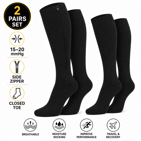 2 Pairs Zipper Compression Socks, Closed Toe Knee High Athletic Support for Running, Hiking, Traveling, M Size