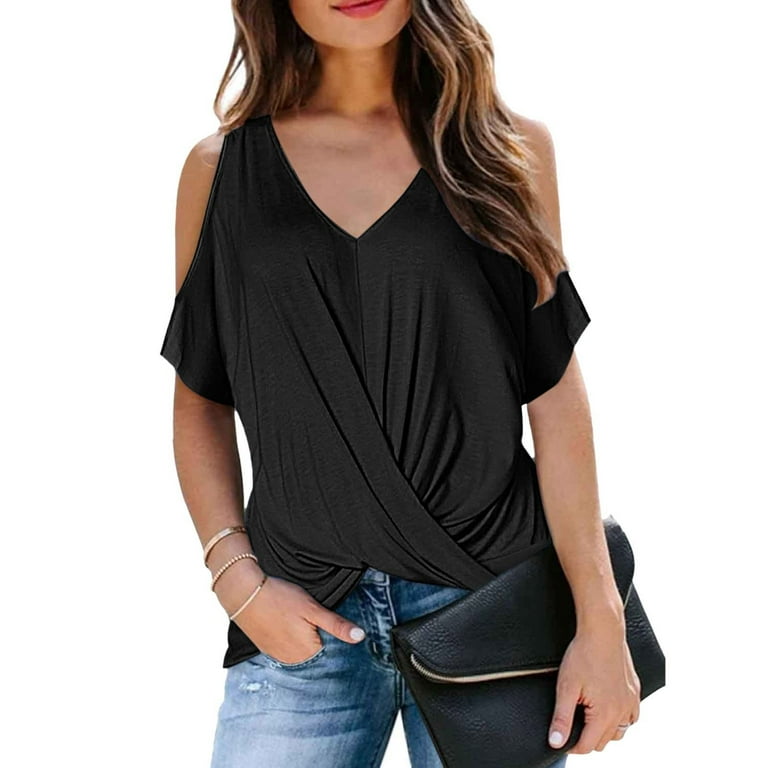 SMihono Women's Fashion Cross Top Blouse Sales Cold Shoulder Short Sleeve  Womens Tops Comfy Solid Tees Trendy Summer Sexy V Neck Shirts Slim Flowy  Comfy Dressy Tunic Blouse for Women Black 6 