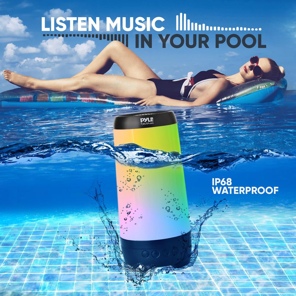 Pyle Floating Pool Speaker with Lights, IP68 Waterproof Portable Bluetooth Speakers, Stereo Surround Sound Outdoor Wireless Speaker for Pool Beach Sho Floating Pool Best Pool Speakers Floating Pyle PWR90DBL Aqua Blast
