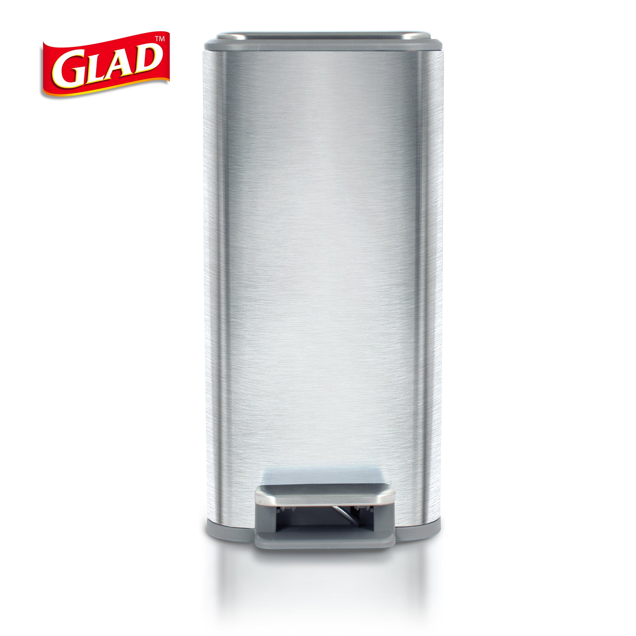 Glad 2.6 Gallon Slim Stainless Steel Step Garbage Bin with Odor Control- Silver