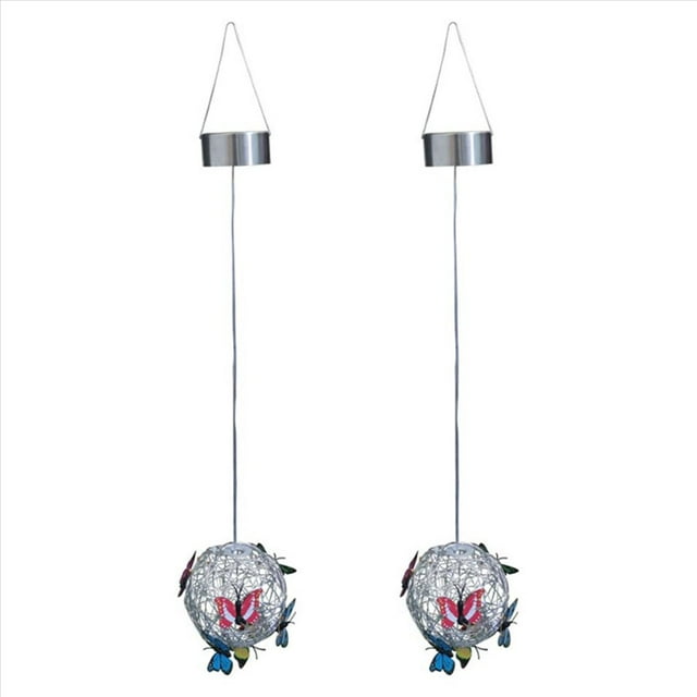 2X Bola Redonda Colgante de Jardín con Mariposa y Lámpara Tejida, Luz Decorativa Solar, Metal para Exteriores A