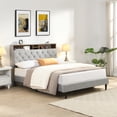 thumbnail image 2 of Jopath Queen Platform Bed, Upholstered Bed Frame with Linen Fabric Headboard and USB Ports 2 Side-mounted Pockets for Teens Adults Light Grey, 2 of 9