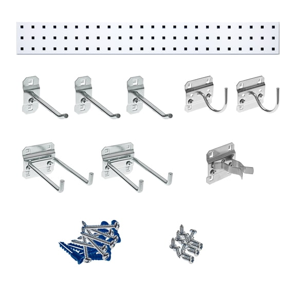 Triton Products® White Garden Pegboard Kit with (1) 36 In. x 4.5 In. 18 Gauge Steel Square Hole Pegboard and 8 pc LocHook Assortment
